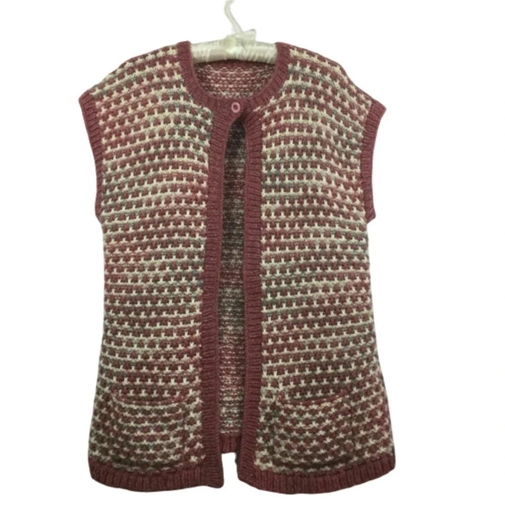 Handmade Open Front Vest Pink White Chunky Knit Sleeveless Cardigan Women Sz S